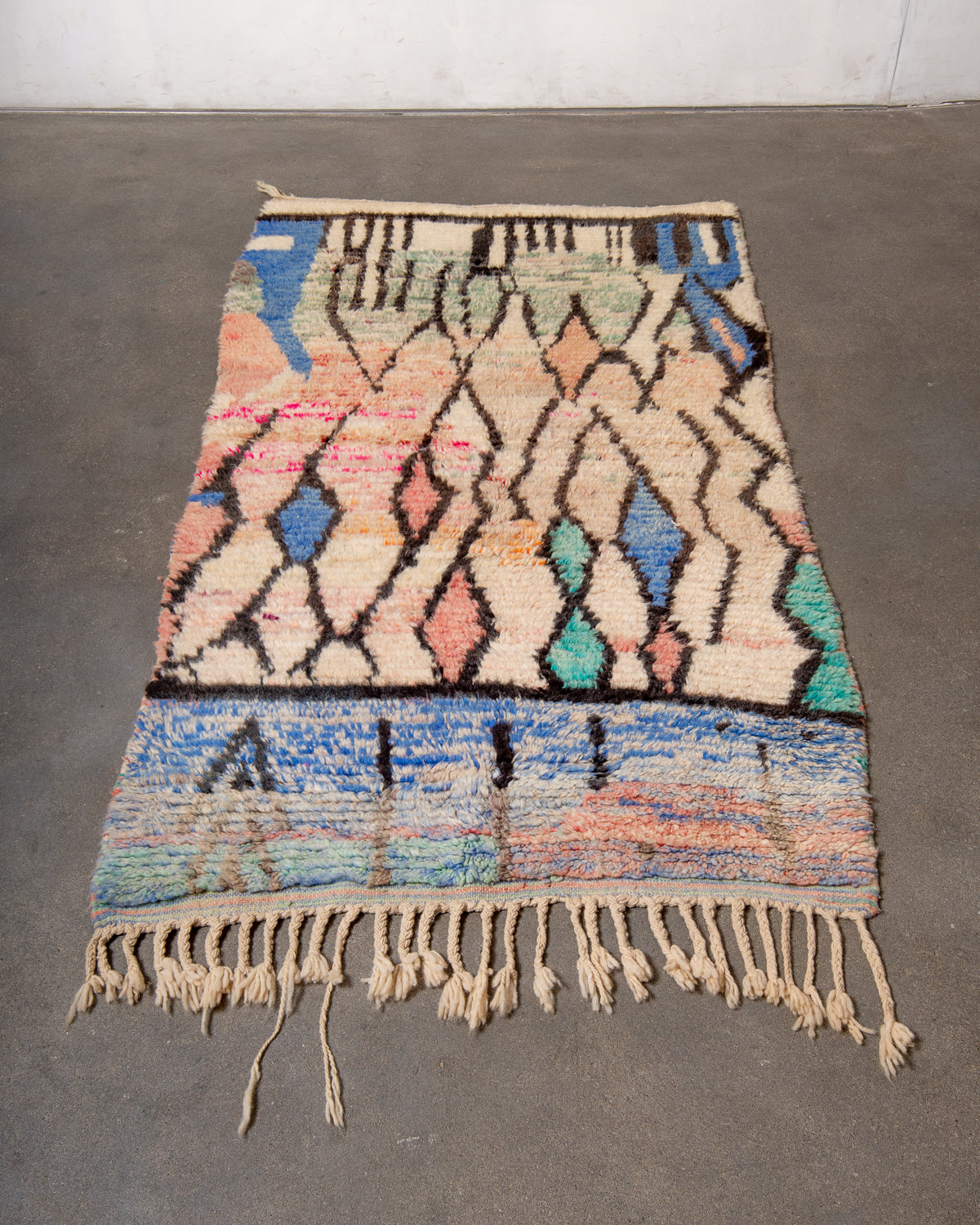 Modern, designer, handcrafted Berber runner rug from Morocco. Vintage carpet with beautiful colours and patterns and fluffy texture.